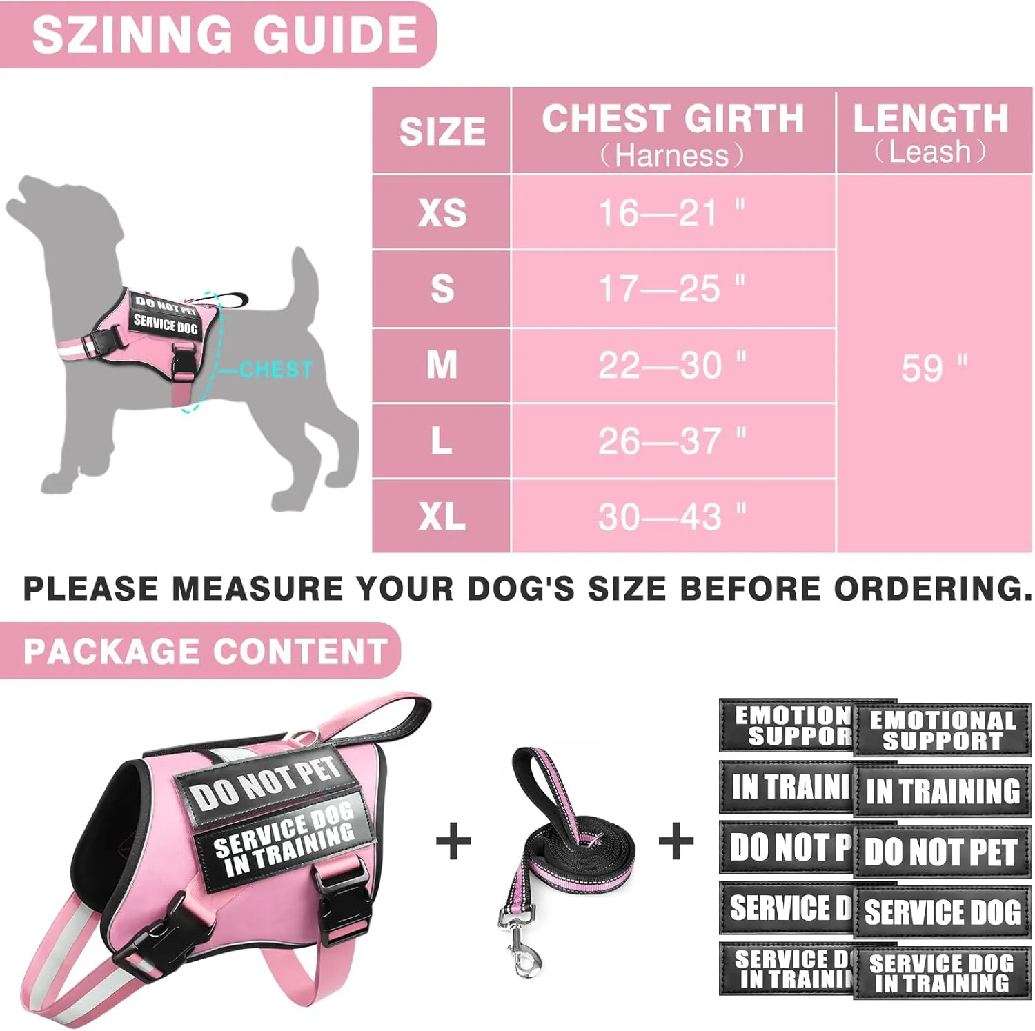 Service Dog Vest Harness and Leash Set 10 Patches,No Pull&Easy Walk Reflective Dog Harness with Soft Padded Handle for Training/Everyday,Fit Small/Medium/Large/Extra-Large Dogs(Pink S)