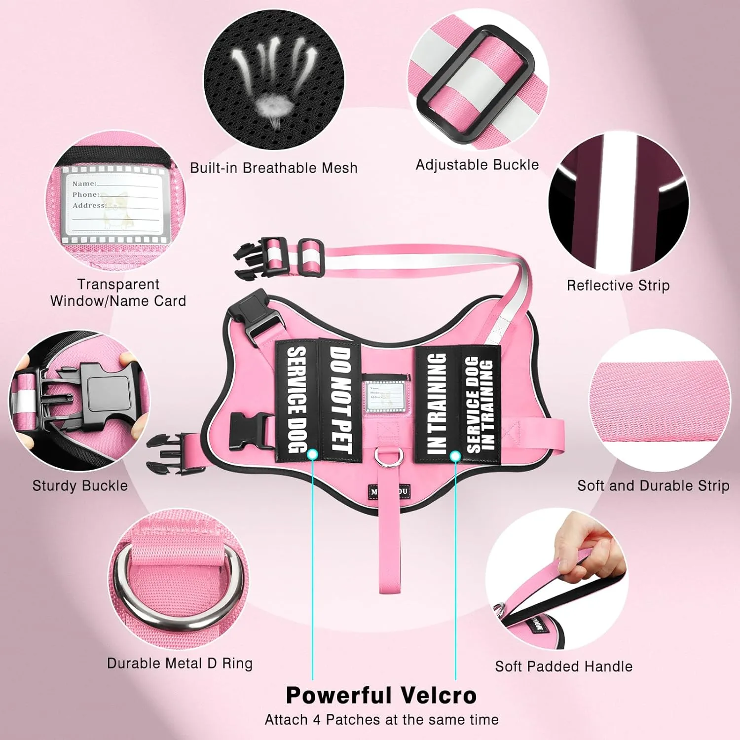 Service Dog Vest Harness and Leash Set 10 Patches,No Pull&Easy Walk Reflective Dog Harness with Soft Padded Handle for Training/Everyday,Fit Small/Medium/Large/Extra-Large Dogs(Pink S)