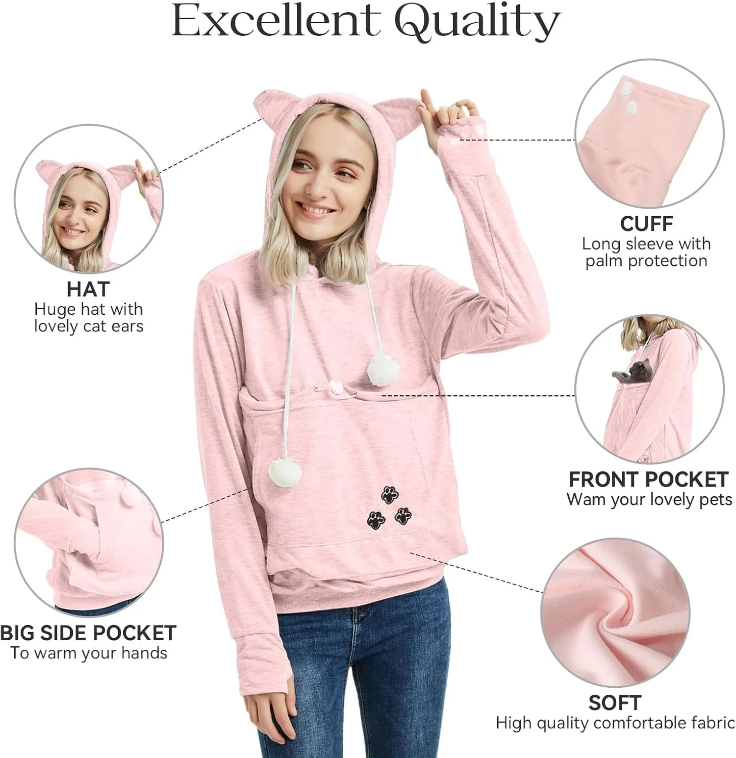 YYW Womens Pet Hoodies Pullover Sweatshirt Oversized Cat Hoodies Pet Holder Cat Dog Pouch Carriers (Pink,Large)