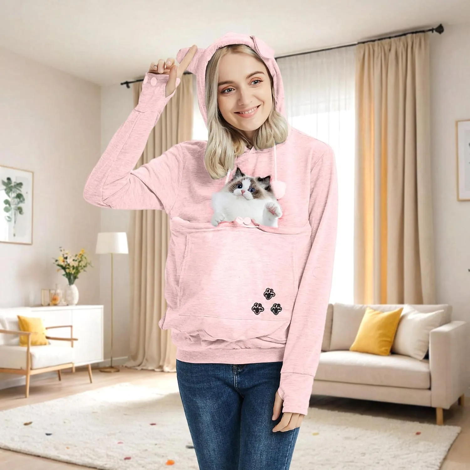 YYW Womens Pet Hoodies Pullover Sweatshirt Oversized Cat Hoodies Pet Holder Cat Dog Pouch Carriers (Pink,Large)