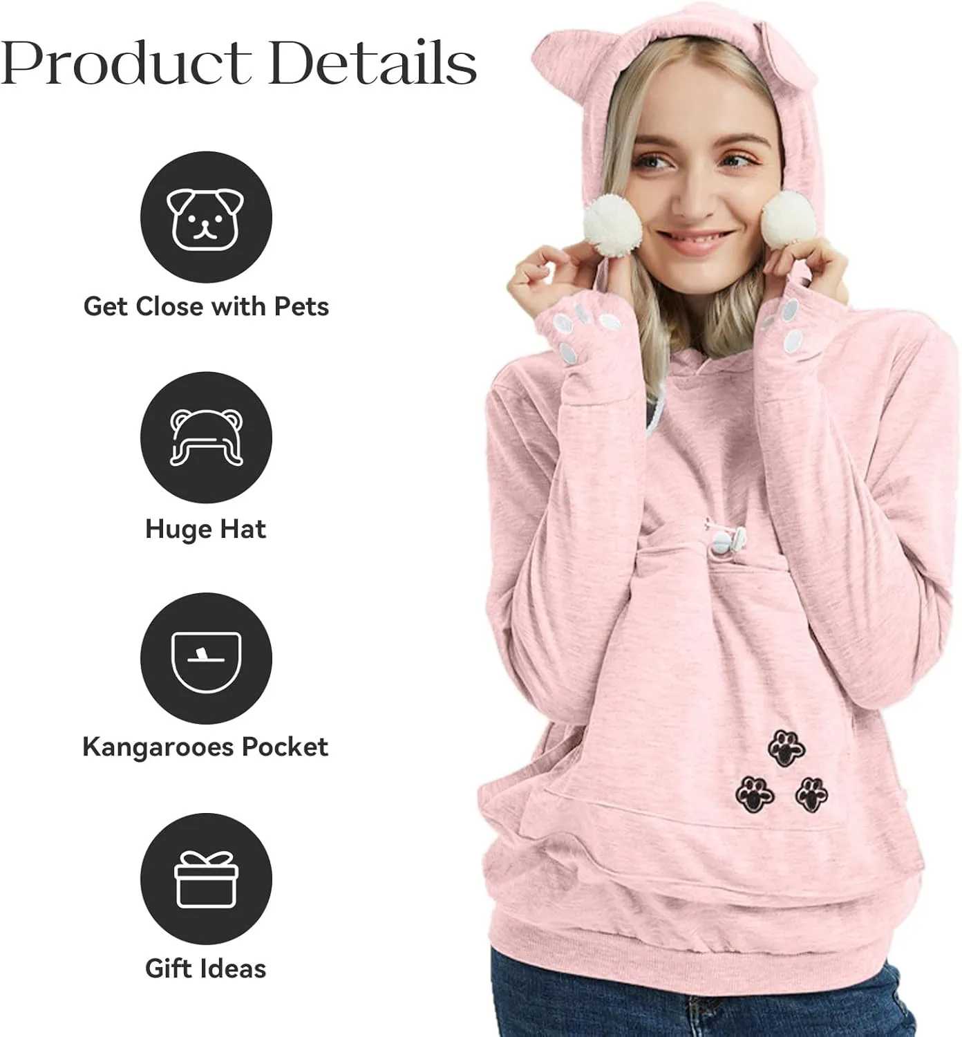YYW Womens Pet Hoodies Pullover Sweatshirt Oversized Cat Hoodies Pet Holder Cat Dog Pouch Carriers (Pink,Large)